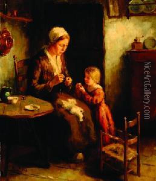 Interior With Mother Andchild Oil Painting - Adolf-Julius Berg
