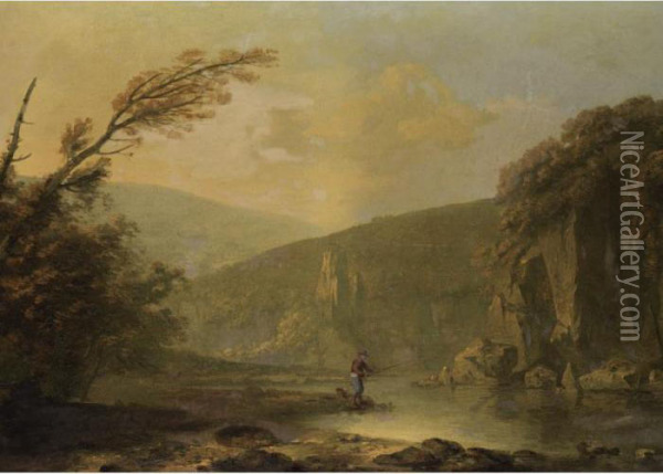 A Landscape With A Man Fishing Oil Painting - George Romney