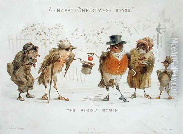 The Kindly Robin, Victorian Christmas card Oil Painting - Castell Brothers
