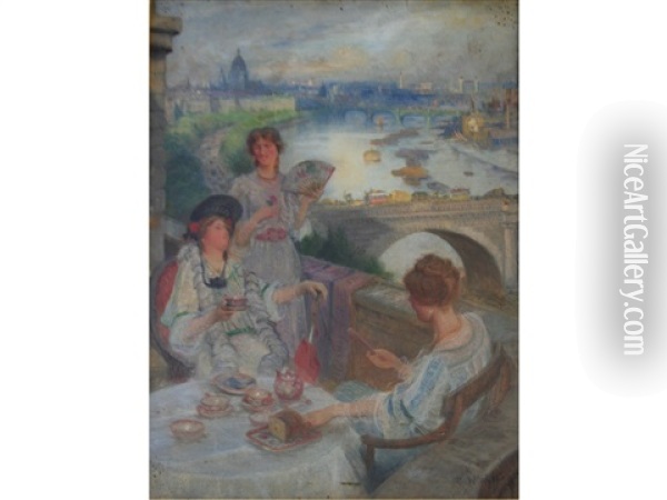 Tea On The Balcony, Overlooking The Thames Oil Painting - Charles William Wyllie