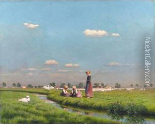 Girls With Ducks In A Field Oil Painting - Paul-Wilhelm Keller-Reutlingen