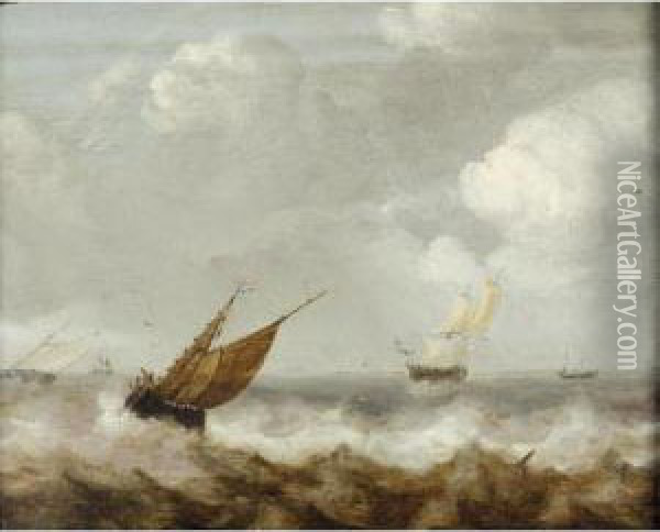 A Seascape With Dutch Shipping Off The Coast Oil Painting - Jan Porcellis
