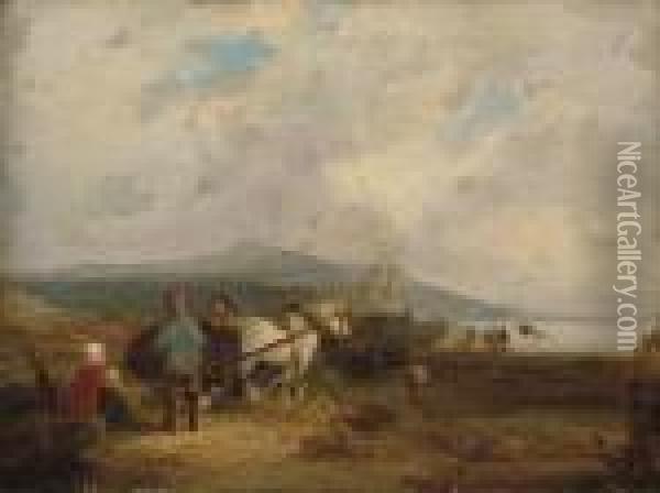 Kelp Gatherers On A Beach With Boats Beyond Oil Painting - Snr William Shayer