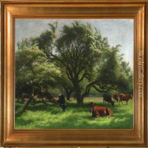 Cows Resting Under A Tree Oil Painting - Hans Ole Brasen