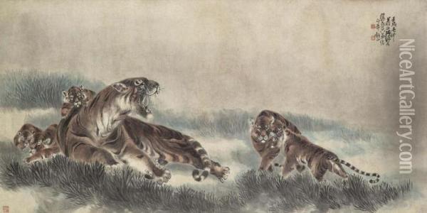Tigers Oil Painting - Zhang Shanzi