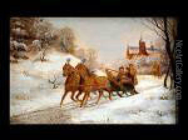 Pferdeschlitten In Einer Winterlandschaft Oil Painting - Otto Eerelman