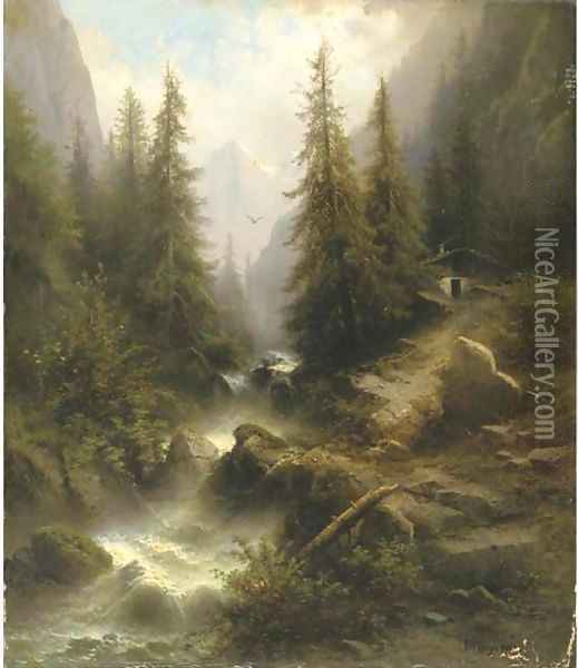 Waterfall cascading amongst pine trees in the Alps Oil Painting - Albert Rieger