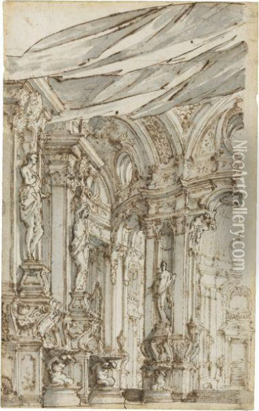 Stage Design With An Elaborate Architectural Interior Oil Painting - Alessandro Galli Bibiena