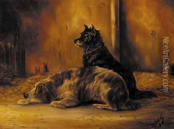 Two dogs in a barn Oil Painting - Edwin Armfield