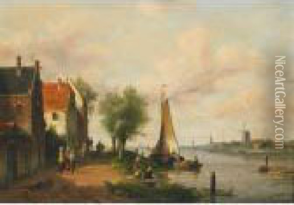 A Busy Dutch Canal Oil Painting - Charles Henri Leickert