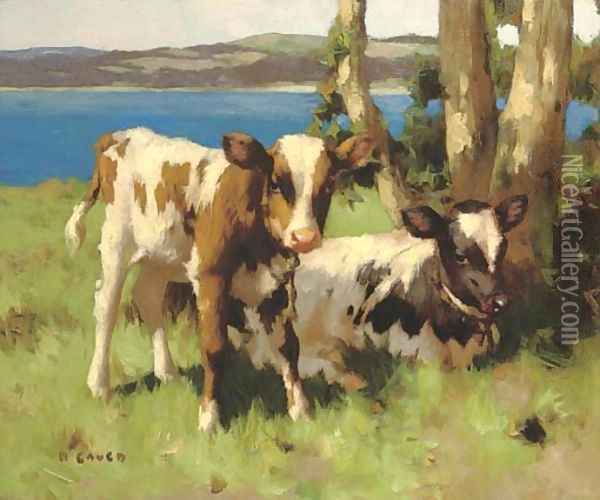 Calves in a meadow Oil Painting - David Gauld
