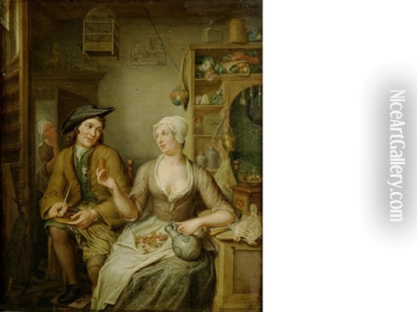 A Man And Woman Smoking, Drinking And Cracking Nuts In An Interior Oil Painting - Hieronymus van der Mij