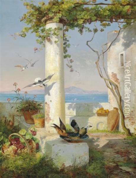 View From A Pergola With Mount Vesuvius In The Background Oil Painting - Carl Frederik Peder Aagaard