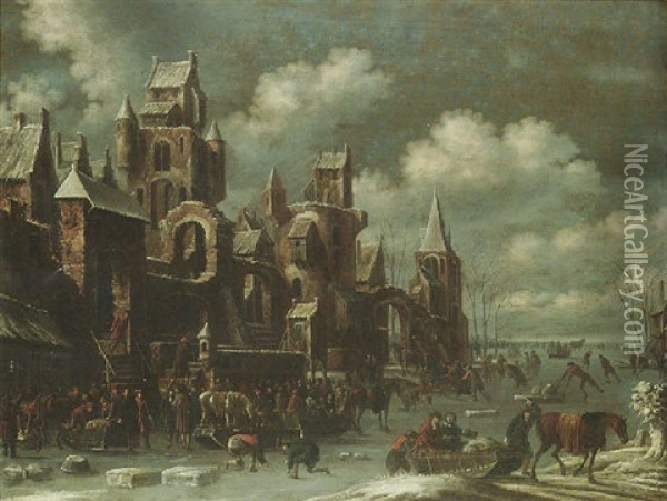 A Winter Landscape With Figures Skating On A Frozen River, Others Conversing And Feeding Their Horses Outside A Walled Town Oil Painting - Thomas Heeremans