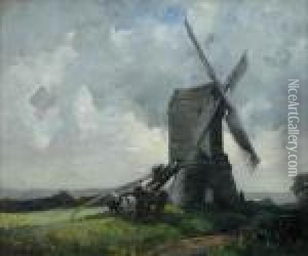 Cart By A Windmill At Sunset Oil Painting - James Wallace