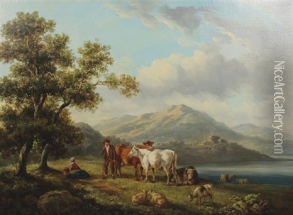 Cattle And Figures In A Mountain Landscape Oil Painting - Henry Milbourne