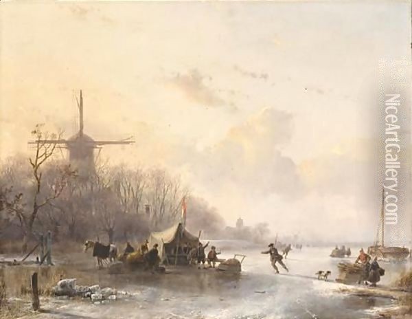 Skaters Near A 'Koek En Zopie', A Windmill In The Distance Oil Painting - Andreas Schelfhout