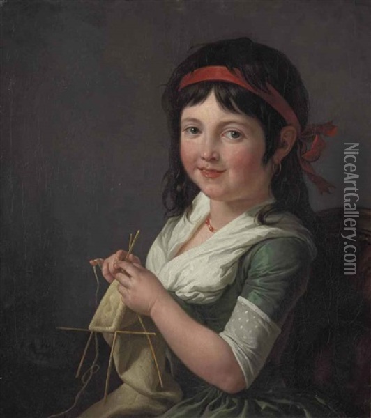A Young Girl Knitting Oil Painting - Francois Andre Vincent