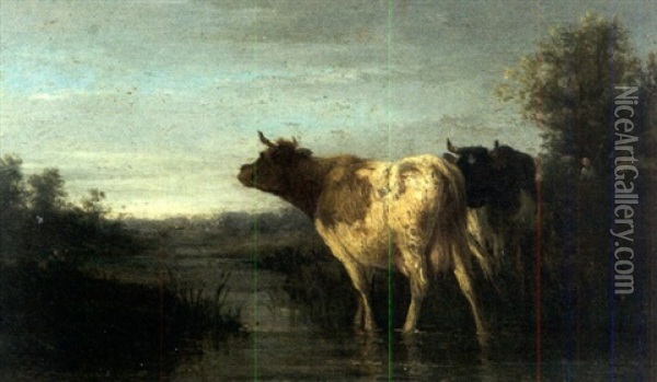 Cattle Watering Oil Painting - Jan Kobell