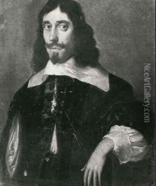 A Portrait Of A Bearded Gentleman Standing Three Quarter    Length Wearing A White Collar Over A Black Jacket Oil Painting - Jacob Frans van der Merck