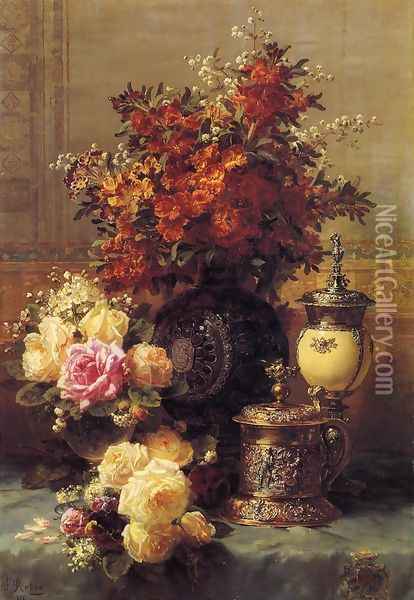 Still Life of Roses and Other Flowers, a Silver-gilt Ostrich Egg Cup and a German Gold-gilt Tankard on a Draped Table in an Interior Oil Painting - Jean-Baptiste Robie
