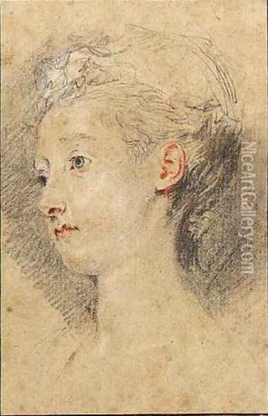 Head of a young girl turned to the left Oil Painting - Jean-Antoine Watteau