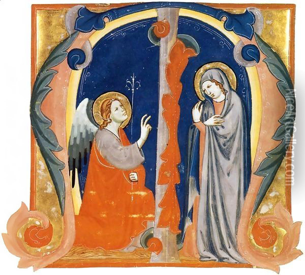 The Annunciation in an Initial M Oil Painting - Italian Miniaturist