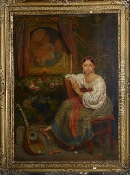La Belle Italienne A La Mandoline Oil Painting - Philippe-Jacques van Bree