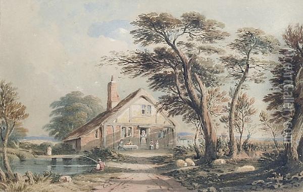 Cottage By A Pond With Angler And Figures Before Oil Painting - John Varley