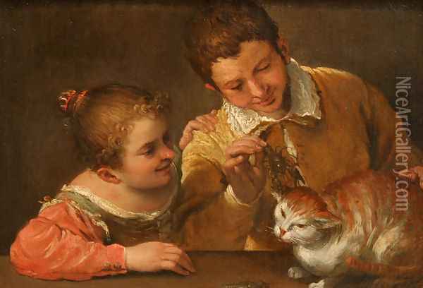 Two Children Teasing a Cat Oil Painting - Annibale Carracci