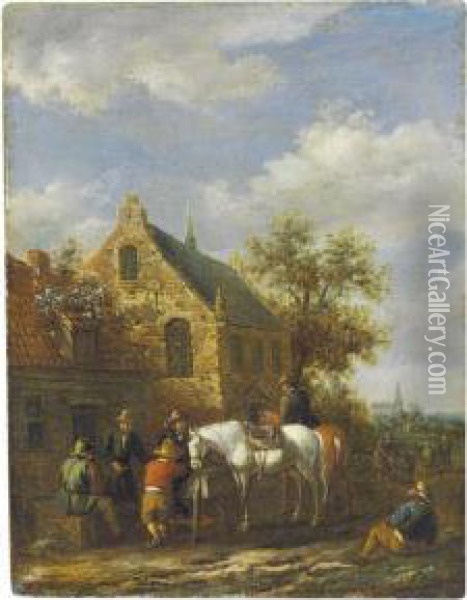 Travelers Resting In A Village 
Landscape; And A Companion Paintingof Travelers By A Tavern Oil Painting - Barent Gael