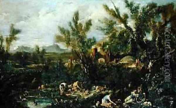 Landscape with Crockery Washers Oil Painting - Alessandro Magnasco