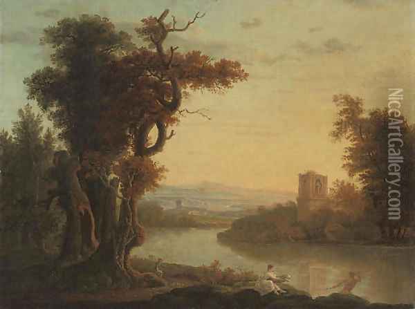 An extensive wooded river landscape with figures in the foreground, a classical ruin beyond Oil Painting - Richard Wilson