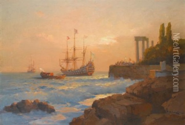 Triumphant Ship Approaching The Harbour Oil Painting - Alexei Vasilievitch Hanzen