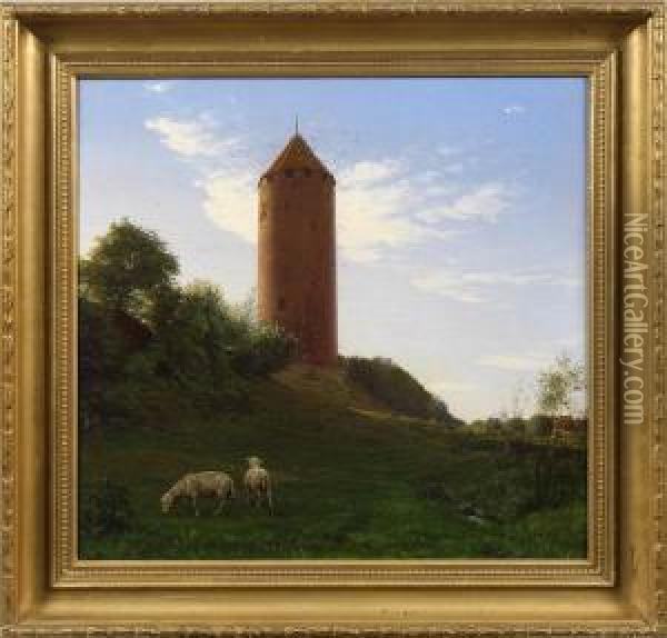 Sommerlandschaft Mit Mittelalterlichem Wehrturm Oil Painting - August Andreas Jerndorff