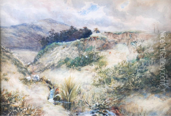 Hilly Landscape With Sheep Grazing Oil Painting - Mason Hunter