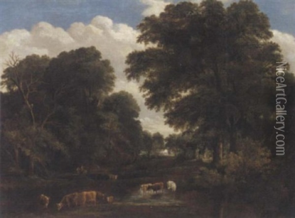 Cattle Watering In A Wooded Landscape Oil Painting - John Berney Crome