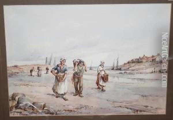 Fisherfolk On Nomandy Shore Oil Painting - Cyril Hardy
