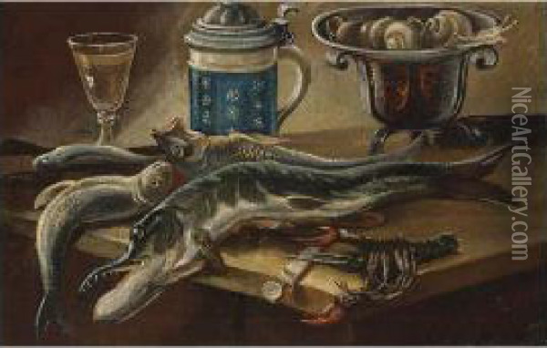 A Still Life Of Fish, Near A Wooden Tub, A Peeled Lemon And Onions, All On A Wooden Table;
 A Still Life Of Fish, A Lobster, A Glass, An Earthenware Jug And A Bowl Of Snails, All On A Table Oil Painting - Giuseppe Recco