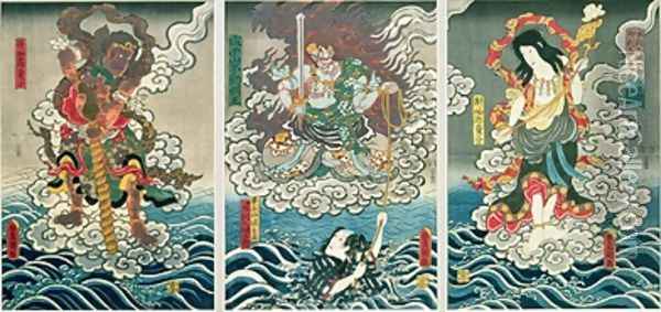 The actor Ichikawa Ebizo V as the deity Fudo Myoo rescuing Ichikawa Danjuro VIII as Honcho maru Tsunagoro Hiranoya Tokubei accompanied by other actors as Seitaka Doji and Kongara Doji Oil Painting - Utagawa Kunisada