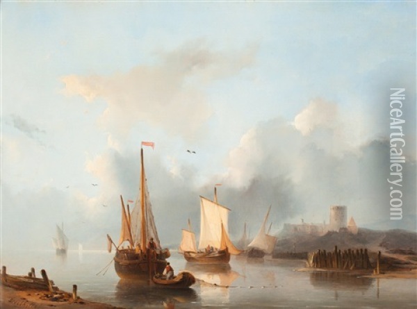 Kanalmotiv Med Fartyg Pa Redden Nedanfor En Borg Oil Painting - Christiaan Lodewijk Willem Dreibholtz