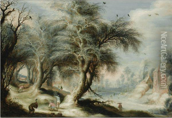 A Winter Landscape With Woodcutters On A Bank Beside A Frozencanal, A Village To The Right Oil Painting - Gijsbrecht Leytens