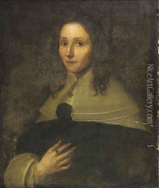 Portrait of a lady, half-length, in a black dress with white cuffs and collar Oil Painting - Dutch School