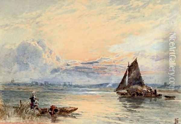A loaded hay barge on the river at dusk Oil Painting - Myles Birket Foster