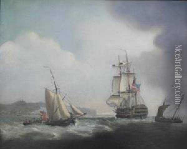 A Man Of War With Fishing Boats Off Dover Oil Painting - Thomas Whitcombe