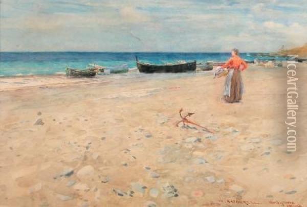 beach Fishing Boats, Bordighera Oil Painting - William Hatherell
