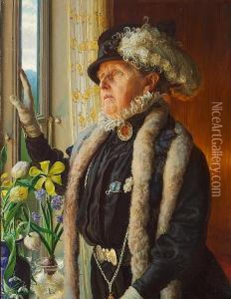 Elderly Woman In A Black Dress Wearing Impressive Jewelry By The Window Oil Painting - Ole Peter Olsen-Ventegodt