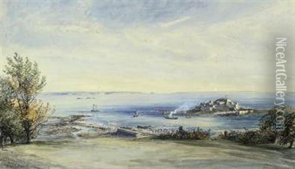 Castle Cornet, Guernsey, With Sark And Jersey Oil Painting - A.H Keate