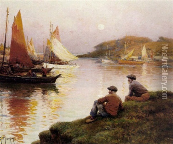 On The River At Sunset Oil Painting - Georges Philibert Charles Maroniez