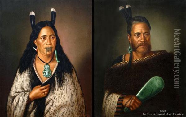Chief & Chieftainess Of Ngatai - Rauare - A Pair Oil Painting - Gottfried Lindauer